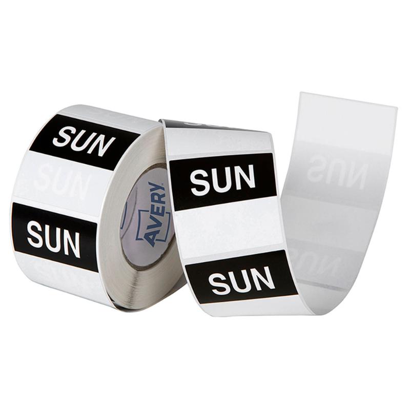 Avery Sunday Square labels, 40x40mm, black and white, designed for organizing food storage with a removable adhesive.