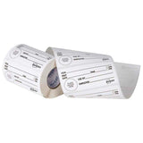 White and black removable shelf life labels, 102x47mm, for food safety and organization, 500 labels per roll.