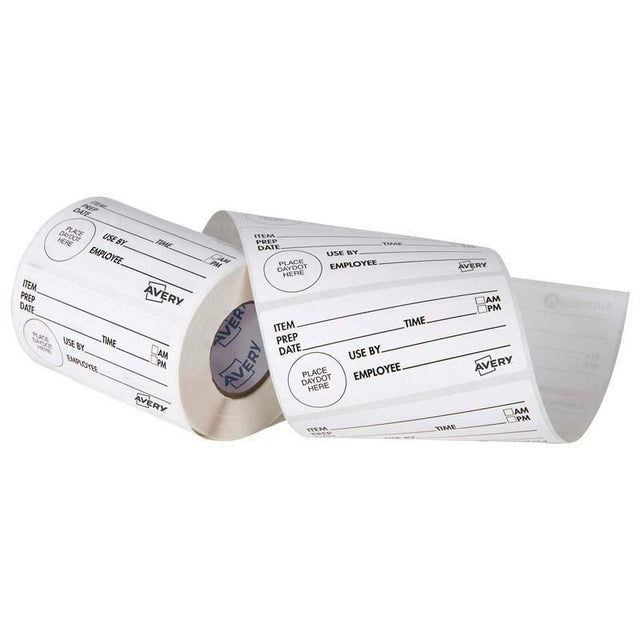 White and black removable shelf life labels, 102x47mm, for food safety and organization, 500 labels per roll.