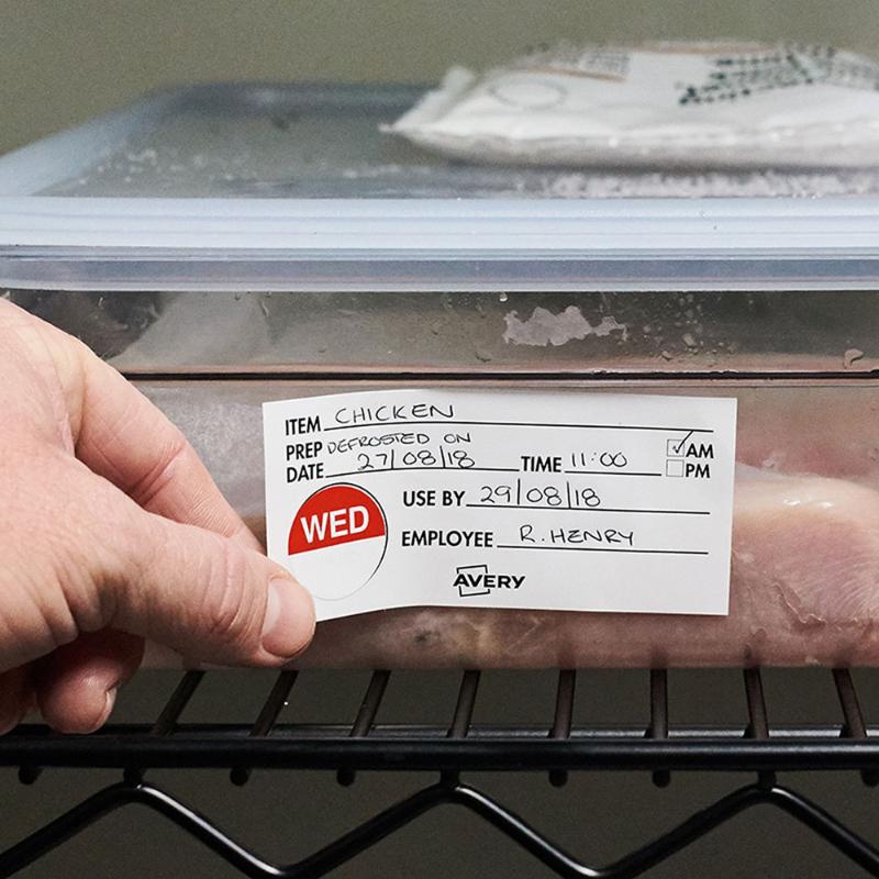 Avery removable labels in white and black, 102x47mm, for food safety and storage, ideal for tracking shelf life.