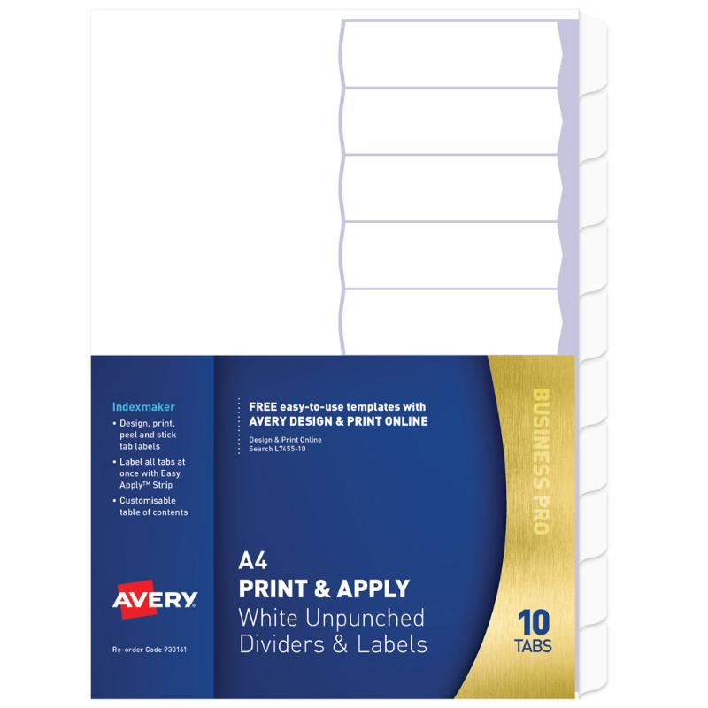 Avery A4 White Indexmaker Labels with 10 unpunched tabs, designed for easy organization and printing of custom labels.