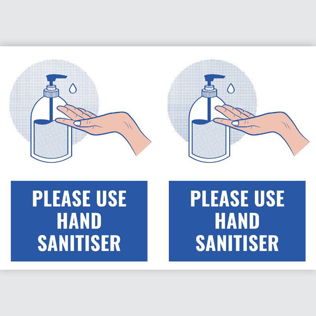 Avery A4 self-adhesive sign in blue and white, promoting hand sanitisation with durable, removable, and weather-resistant design.