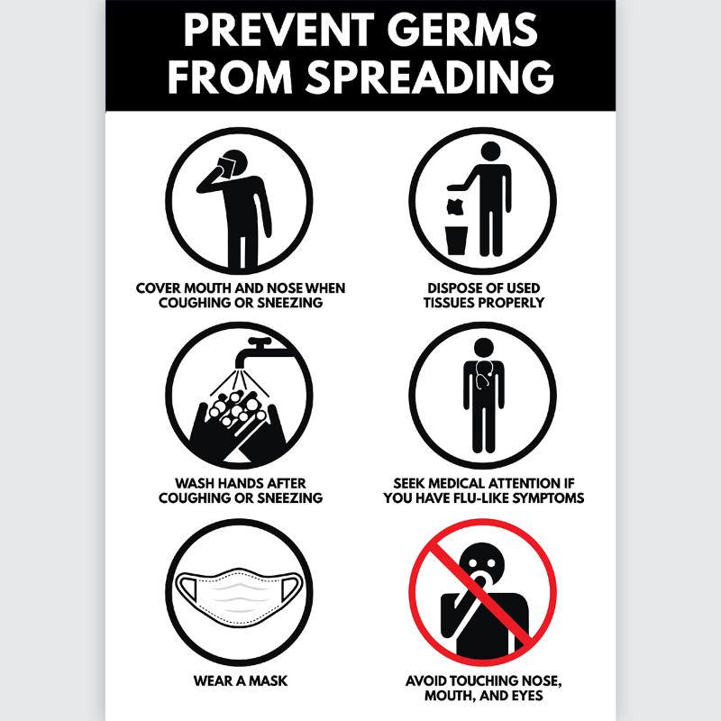 Self-adhesive sign promoting COVID-19 safety with handwashing, mask, and social distancing reminders; durable and weather-resistant.