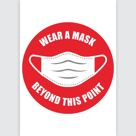 Round self-adhesive 'Wear A Mask' sign, 20cm in red and white, promoting COVID safety with durable, residue-free material.