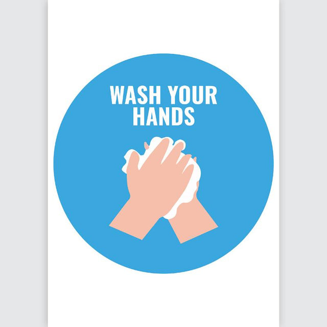 Avery round 20cm self-adhesive 'Wash Your Hands' sign in blue and white, durable and removable for hygiene promotion.