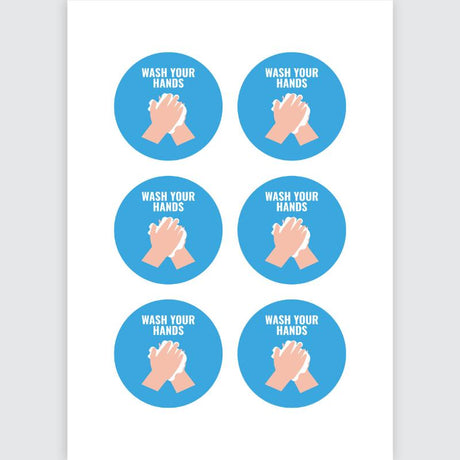 Round self-adhesive 'Wash Your Hands' signs in blue and white on five sheets, promoting hygiene in various settings.