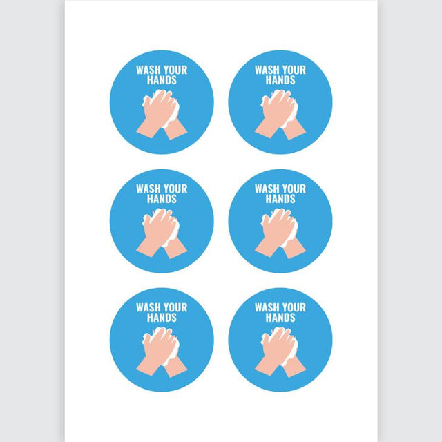 Round self-adhesive 'Wash Your Hands' signs in blue and white on five sheets, promoting hygiene in various settings.