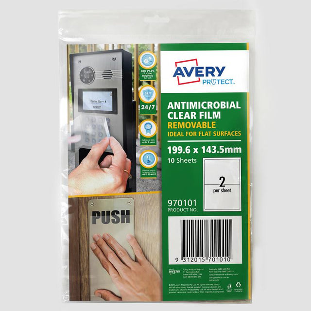 Avery Protect anti-microbial film sheets, removable, transparent, effective against 99.9% of bacteria for enhanced hygiene.