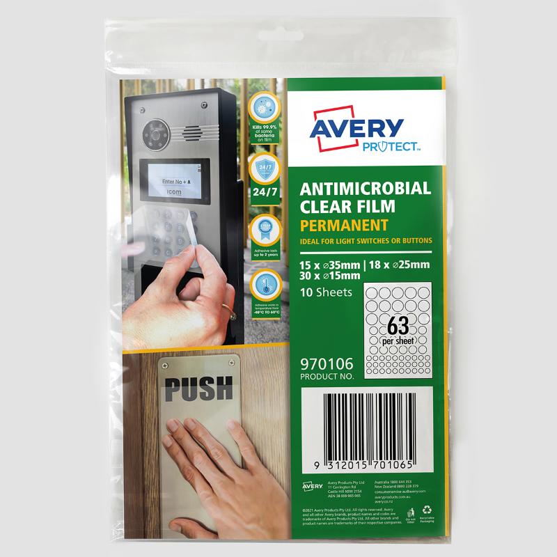 Avery Protect Anti-Microbial Film: Transparent, self-adhesive sheets that kill 99.9% of germs, ideal for high-touch surfaces.