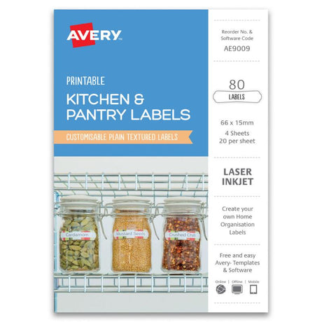 Avery Kitchen & Pantry Labels, 66x15mm, white, water-resistant, perfect for organizing food containers and home items.