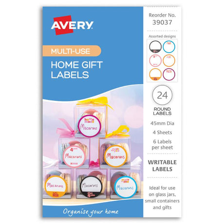 Colorful Avery Home Gift Labels in 45mm diameter, perfect for gifts and organization on various smooth surfaces.