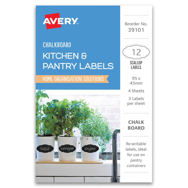 Avery scalloped chalkboard labels, 95x45mm, white, wipeable, perfect for organizing jars, crafts, and decor.