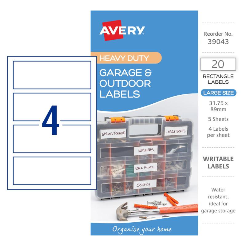 Avery Garage & Outdoor Labels: 20 durable, waterproof white labels for organizing storage in garages and outdoor spaces.