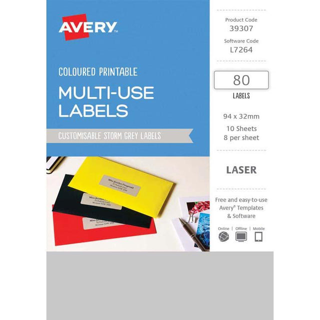 Avery Labels L7264 in Storm Grey, 32x94mm, ideal for professional labeling on envelopes and packages, 10 sheets included.