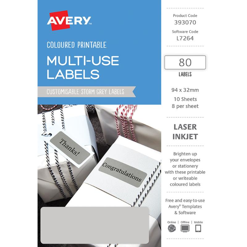 Avery L7264 Storm Grey labels, 32x94mm, 8 per A5 sheet, 10 sheets, ideal for professional labeling and organization.