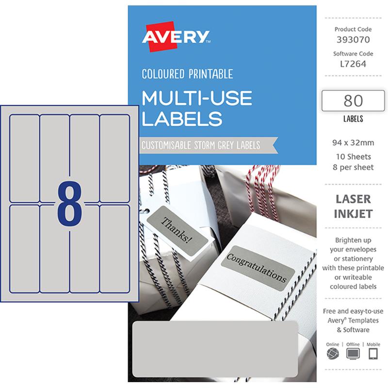 Avery Storm Grey labels, 32x94mm, on A5 sheets for stylish, professional labeling on envelopes and office supplies.