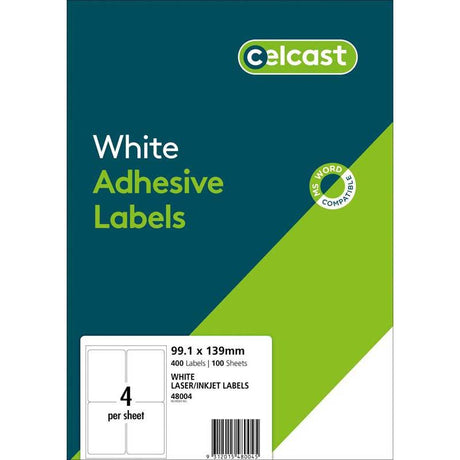 Celcast A4 labels featuring 4 labels per sheet, high-quality white paper, perfect for organized labeling and custom designs.