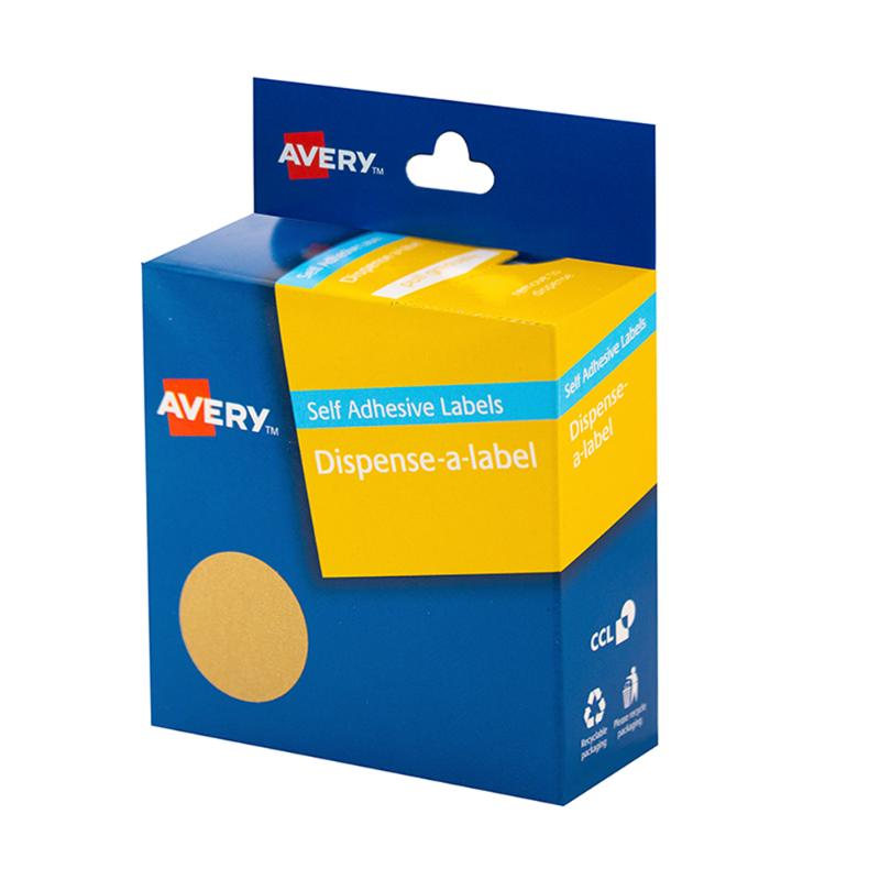 Avery Kraft Round 24mm Label Dispenser with 400 eco-friendly removable labels for versatile home and office organization.