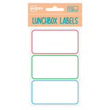 Colorful Avery labels for lunch boxes, featuring 3 sheets with 3 durable, customizable labels for easy organization.