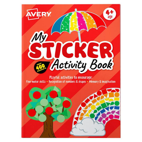 Avery Sticker Activity Book in red, 210x297mm, featuring 6 sheets and 400 stickers for creative learning fun.