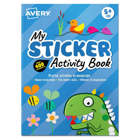 Vibrant blue sticker activity book with 6 sheets, featuring over 400 colorful stickers for creative learning fun.