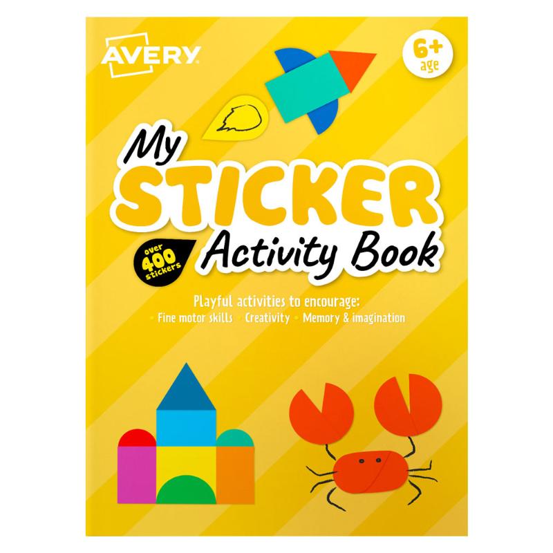 Avery Sticker Activity Book in vibrant yellow, featuring 400 stickers across 6 sheets for creative and educational fun.