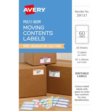 Avery Moving Labels 39131 in assorted colors for organized packing, measuring 97x45mm, includes 60 durable paper labels.