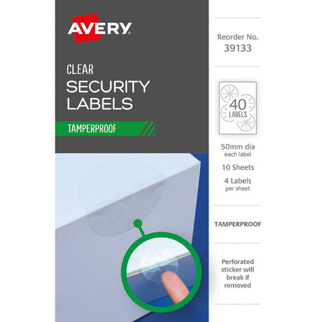 Avery 39133 tamper-proof clear dot labels, 50mm size, with unique design for detecting unauthorized access, 40 per package.