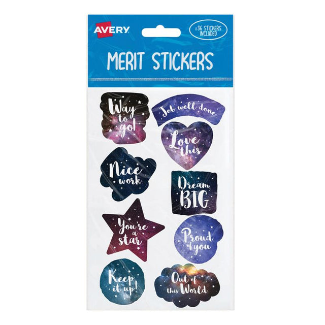 Colorful pack of 36 Avery Merit Stickers for rewarding children's achievements in home and classroom settings.