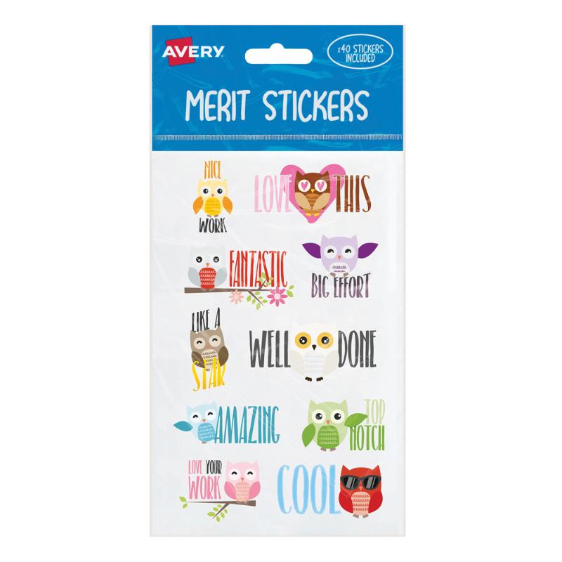 Colorful owl-themed merit stickers in a 40-pack for rewarding children's achievements and encouraging good behavior.