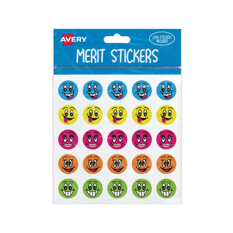 Cheerful 22mm Avery Merit Stickers featuring smiley faces in assorted colors, perfect for rewarding children's achievements.