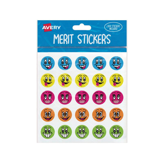 Cheerful 22mm Avery Merit Stickers featuring smiley faces in assorted colors, perfect for rewarding children's achievements.