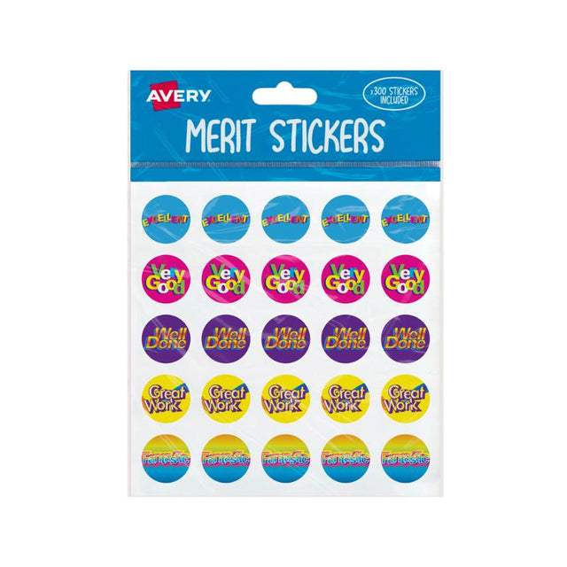 Vibrant 22mm round Avery Merit Stickers, 300 pack, with assorted captions to reward children's achievements and good behavior.