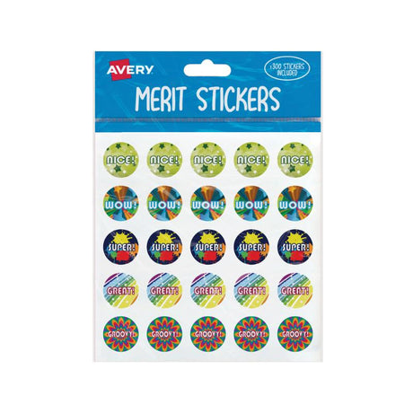 Vibrant 22mm assorted merit stickers in a 300-pack, perfect for rewarding children's achievements at home and school.