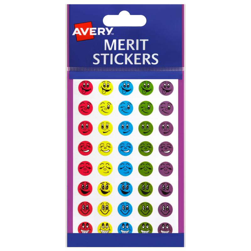 Colorful Avery Merit Stickers featuring mini smiley faces, 800 pack, perfect for rewarding kids' achievements in school and at home.