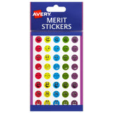 Colorful Avery Merit Stickers featuring mini smiley faces, 800 pack, perfect for rewarding kids' achievements in school and at home.