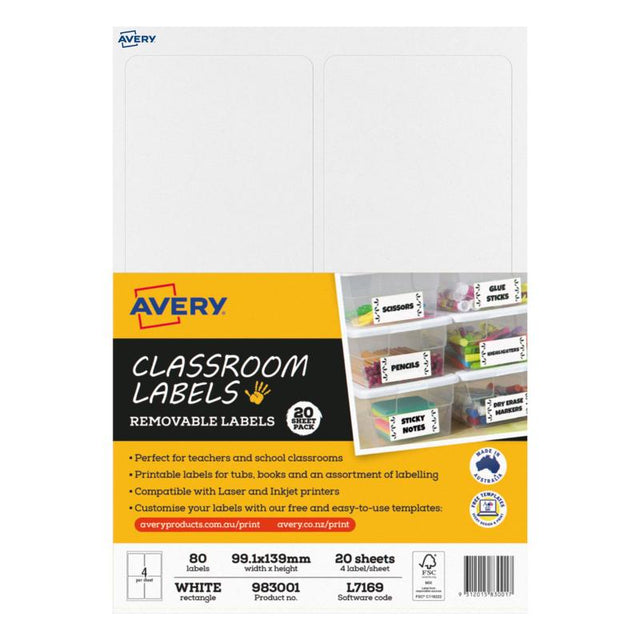 Avery Classroom Labels 4up: 80 durable white labels for easy classroom organization, compatible with laser and inkjet printers.