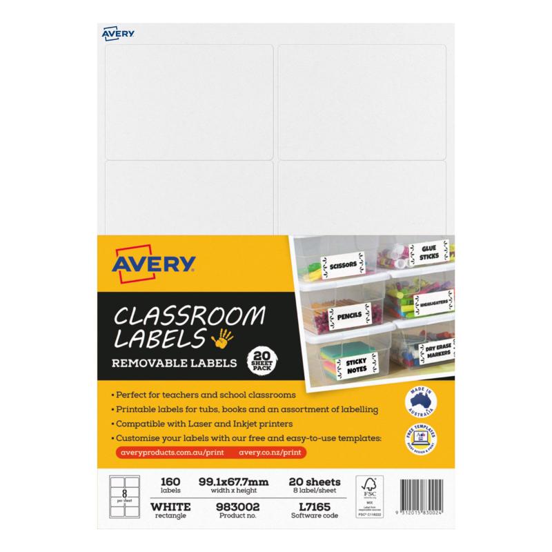 Avery Classroom Labels L7165: 160 white adhesive labels, 99.1 x 67.7 mm, for easy classroom organization and customization.