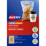 Avery L7106 Round Kraft labels, 60mm, eco-friendly, customizable, 12-up format, ideal for branding and professional packaging.