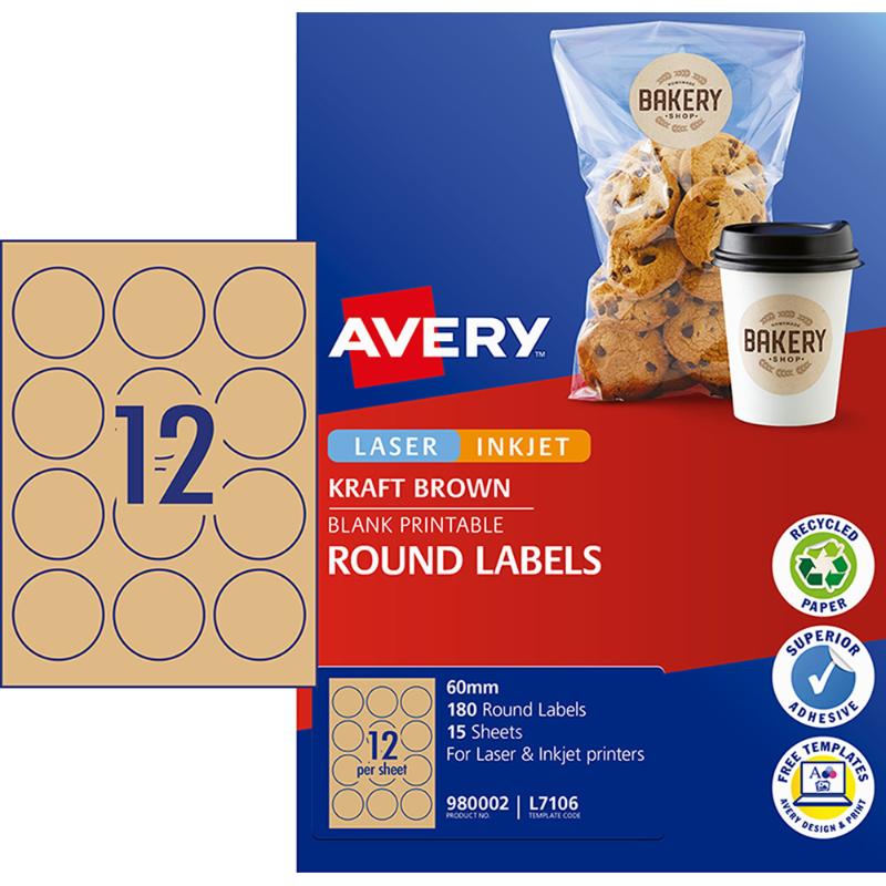 Round kraft labels (60mm) for branding, 12-up format, eco-friendly paper, suitable for various surfaces, customizable designs.