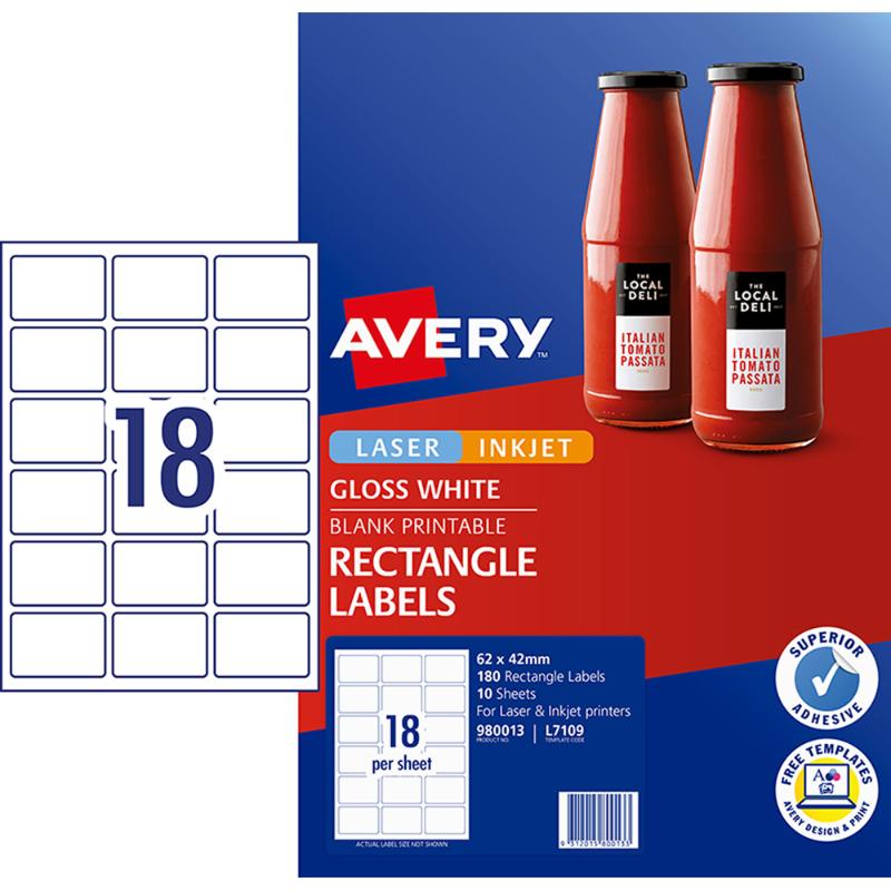 Avery Label L7109 Rectangular White Glossy 18up 10 Sheets 62x42mm