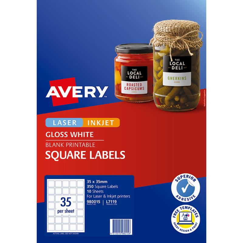 Avery L7119 Square White Glossy labels, 35x35mm, ideal for branding, featuring 350 labels with a shiny finish for vibrant colors.