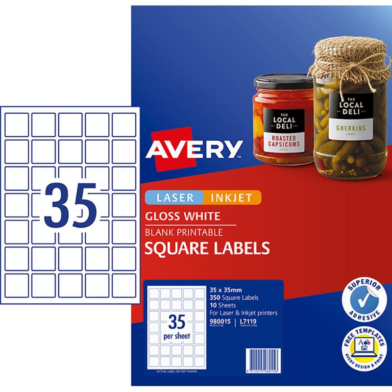 Avery L7119 square white glossy labels on sheets, ideal for professional branding and customizable for various applications.