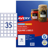 Avery L7119 square white glossy labels on sheets, ideal for professional branding and customizable for various applications.