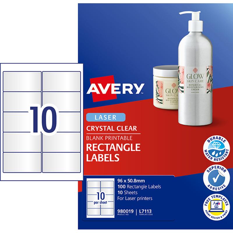 Avery Label L7113 Rectangular Crystal Clear 10up 10 Sheets 96x50mm