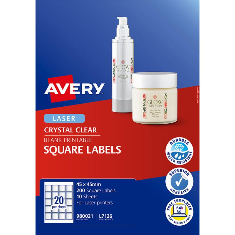 Avery L7126 crystal clear labels, 45x45mm, 200 labels per pack, ideal for professional packaging and customization.