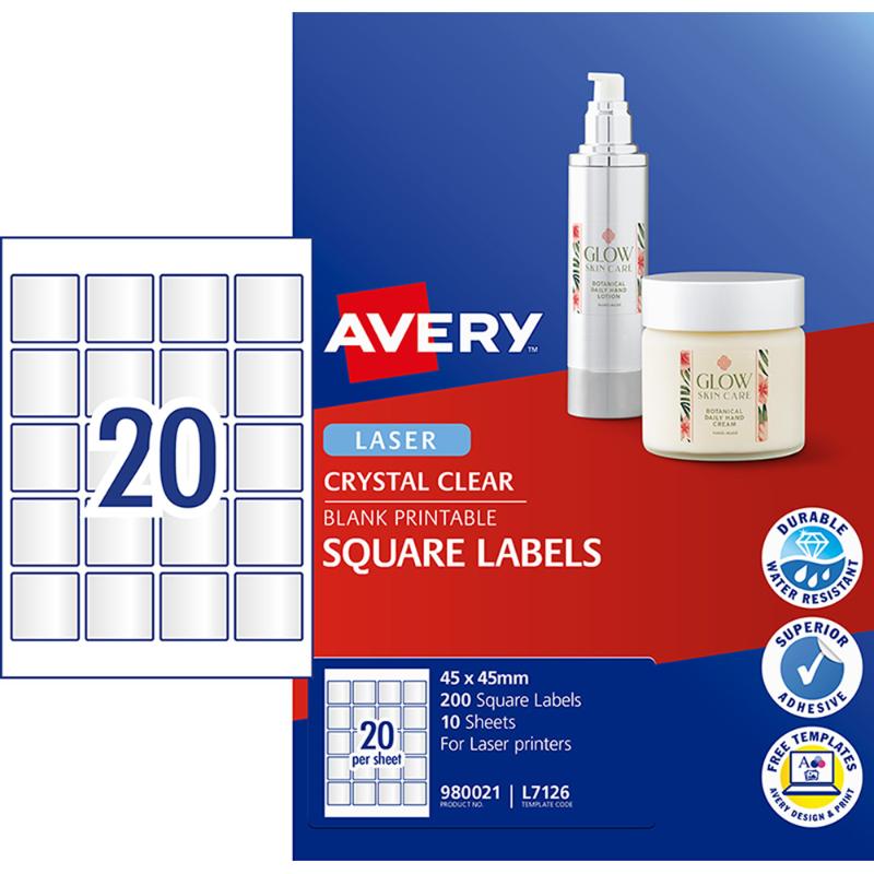 Avery L7126 Square Crystal Clear Labels, 45x45mm, 200 durable labels for professional packaging and branding.