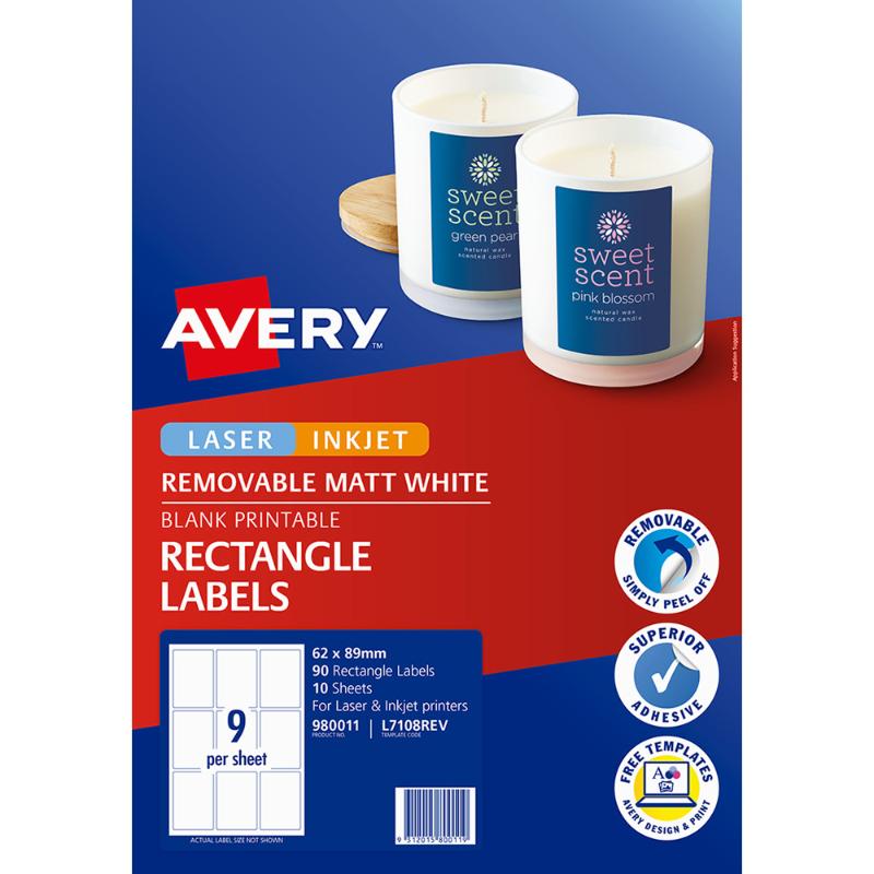Avery Label L7108REV Rectangular White 9up 10 Sheets 62x86mm