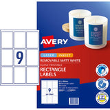 Avery L7108REV white labels in 9-up format, 62x86mm, with removable adhesive for versatile labeling needs.