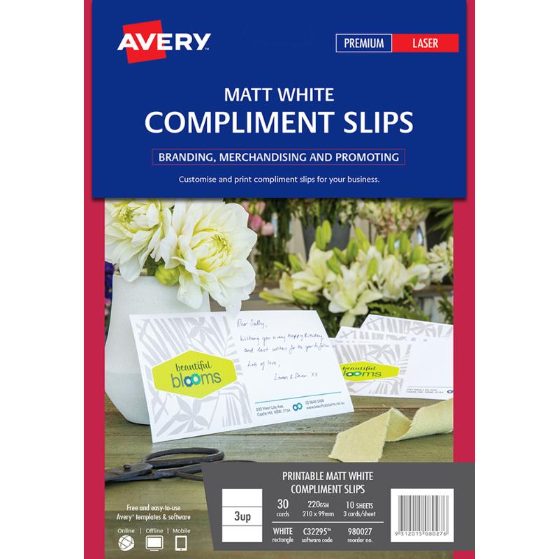 Avery Compliment Cards, matte white, 210x99mm, 220 gsm, 3 per sheet, for branding and personal touches in deliveries.